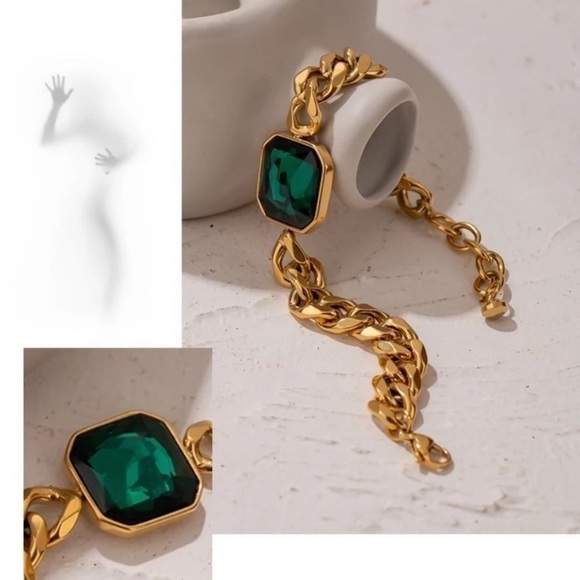 ⭐️ New Emerald Green Gemstone 18K Gold Plated Bracelet - Picture 1 of 9